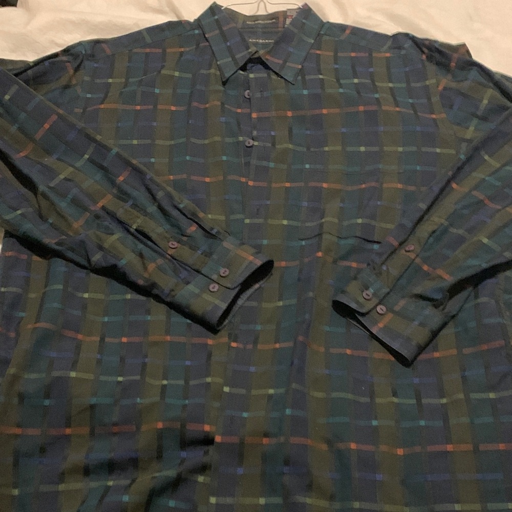 Jhane Barnes Men's Dark Green and Navy Plaid Button-Down Shirt